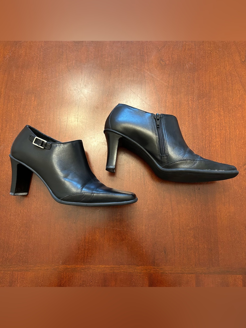 Nicole Black Leather Heel Ankle Booties with Side Zip & Buckle
